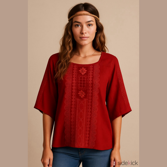 Johnny Was Tops - Johnny Was Red Embroidered Tunic Top Boho Chic Lagenlook